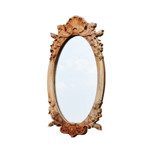 Wooden Wall Mirror Teak Wood Natural Finish Framed Hand Carved Decorative - Picture 2 of 10