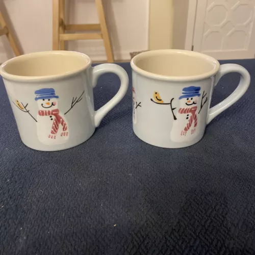 Vintage Hartstone Snowman with Bird Blue Pottery Mugs Set of 2