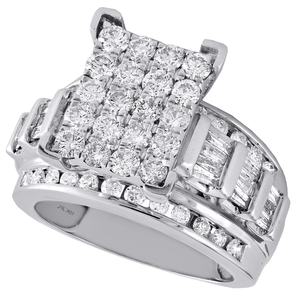 10K White Gold Round & Baguette Diamond Rectangle Cluster Engagement Ring 2 Ct. - Image 3 of 4