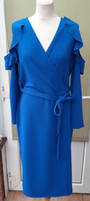 LADIES RUFFLED COLD SHOULDER WRAP FRONT MIDI DRESS BLUE SIZE 8 (ref 333) SALE