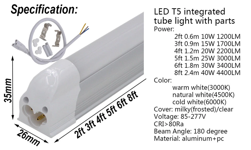 LED Tube Light 2ft 3ft 4ft 5ft 6ft 8ft Slim Bar Lamp T5 Integrated Bulb Fixtures - Image 2 of 4