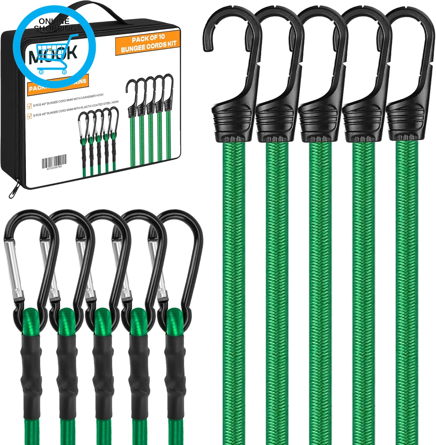 Heavy Duty Bungee Cords with Hooks, 10-Piece Bungee Cord Set - Multi-Length Bung