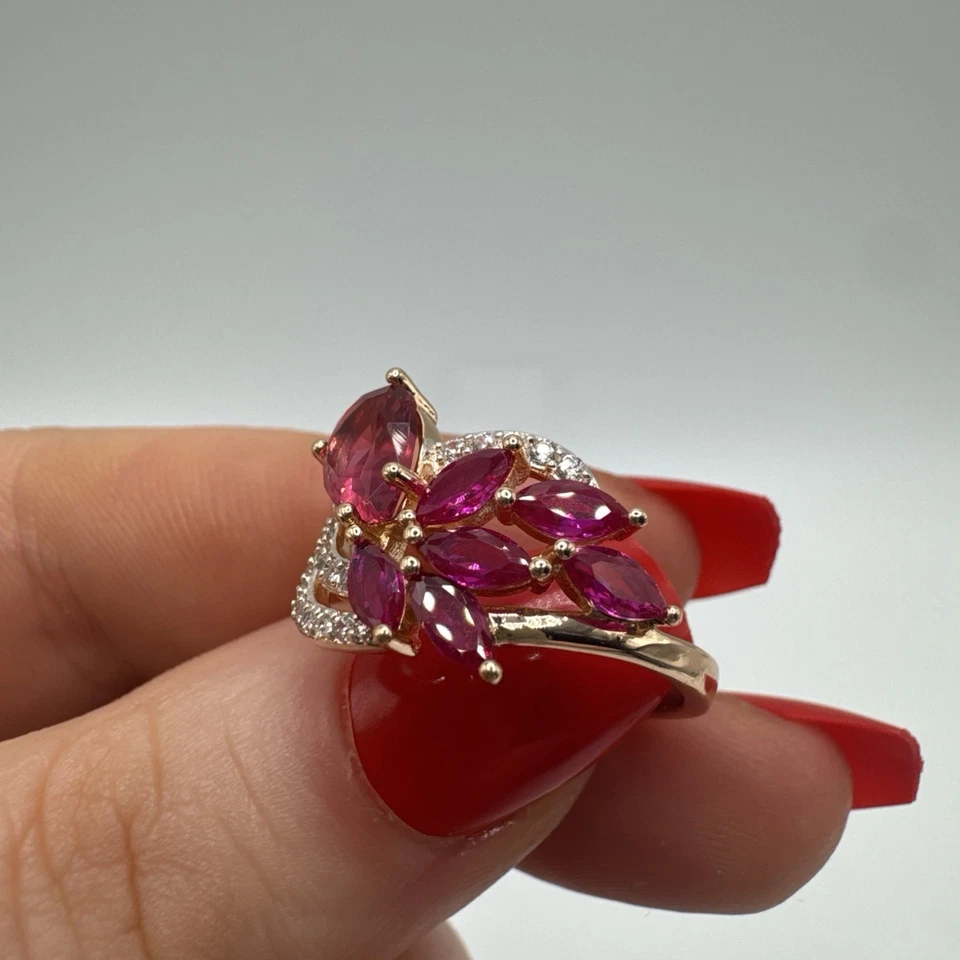 14CT Rolled Gold Pink Ruby Leaf Cluster Ring – Hallmarked 585RG – Size P½ UK — 第 3/4 张图片