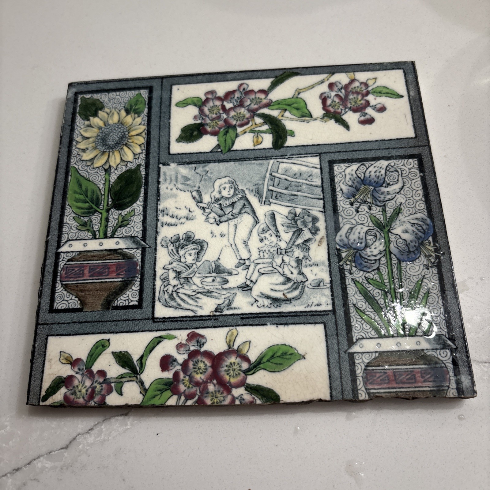 Antique Victorian Aesthetic Movement 6” Tile  -Children & Flowers Colored- 1880s