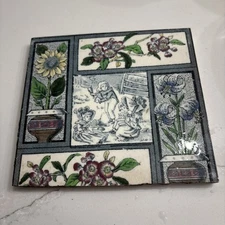 Antique Victorian Aesthetic Movement 6” Tile  -Children & Flowers Colored- 1880s