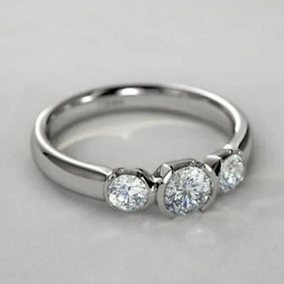 Three Stone Wedding Ring Round Cut Moissanite 925 Silver 14K White Gold Plated