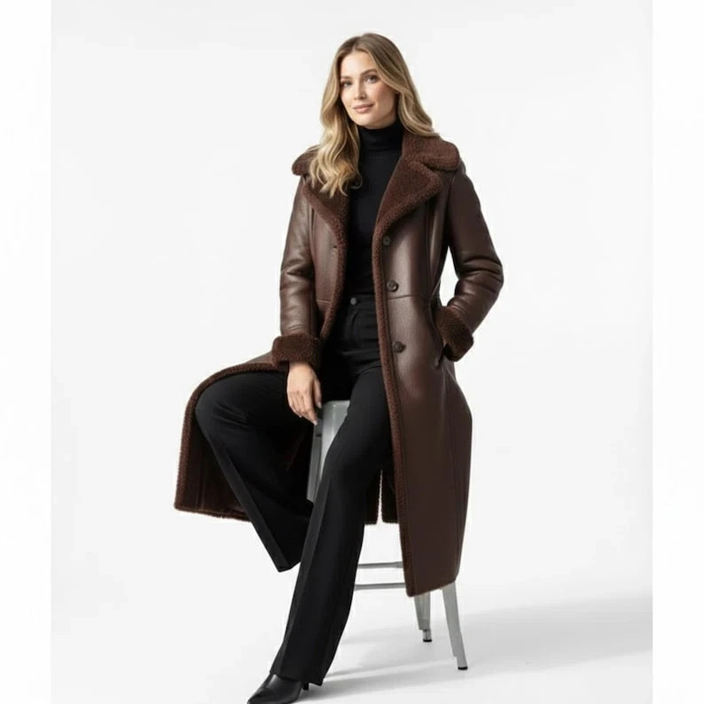 Abrigo largo de cuero de oveja para mujer - Chaqueta de invierno forrada de piel de oveja genuina