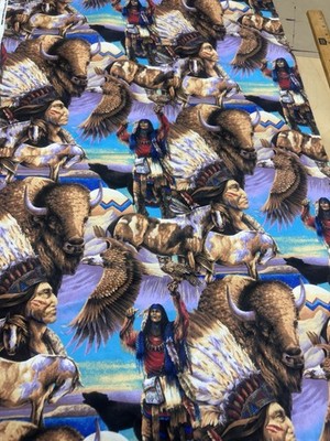 Native American Indians Buffalo Eagle Tribe Fabric  100% Cotton New Aprox 2 Yard