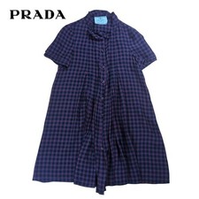PRADA Check Pattern Frill Silk Shirt Dress 80cm Length Blue Red Black