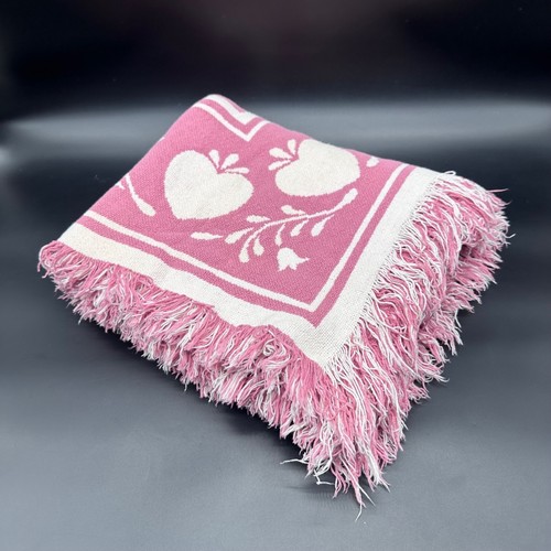 Vintage Pink Heart Throw Blanket Fringe Cottagecore Farmhouse 1980s Reversible