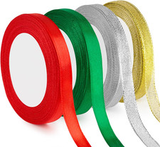 4 Rolls 100 Yards Christmas Ribbon 3/8 Inch Metallic Glitter Fabric Holiday Fest