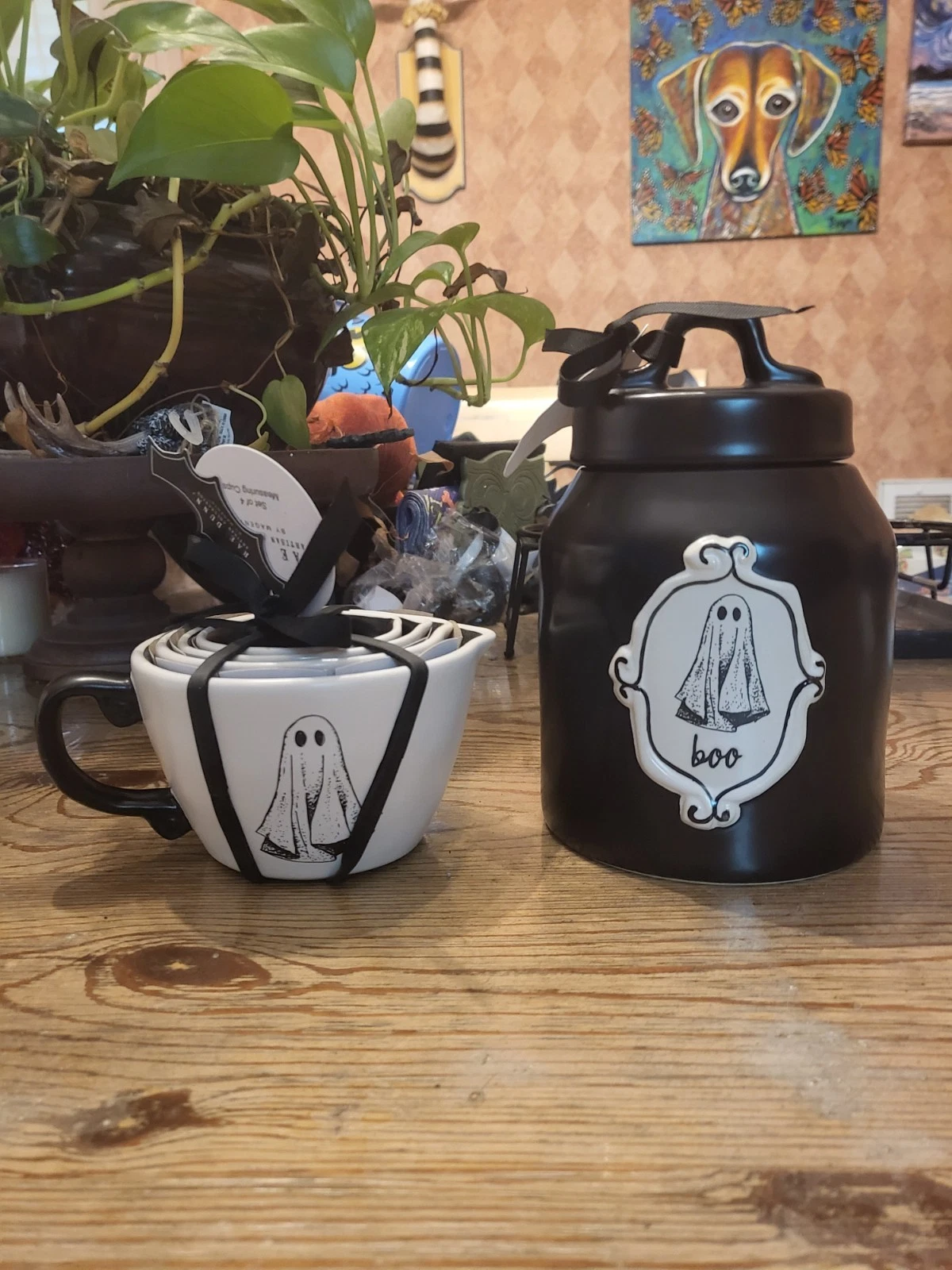 NWT Rae Dunn “BOO” Bundle W/ Ghost Ceramic Canister + Matching Measuring Cups