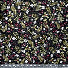 Fabric Traditions Christmas Snowflake Berry Pine Bough Black With Glitter YARD