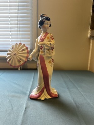 Japanese Porcelain Geisha Figurine with Parasol and Floral Kimono Statue