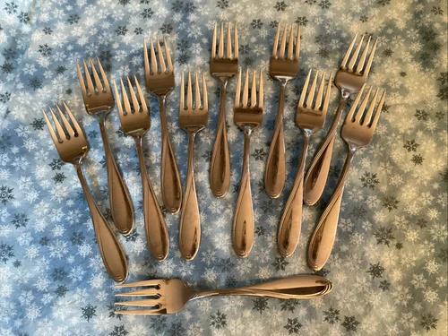 ONEIDA STAINLESS  CAMBER  CRESTA  WINDSWEPT SCROLL 12 SALAD DESSERT FORKS EUC