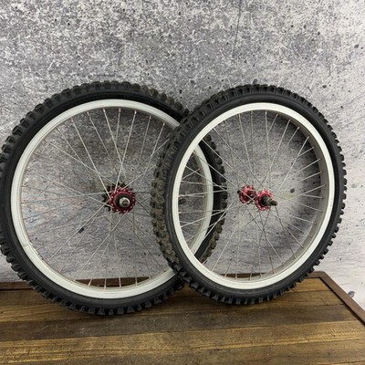 Vintage 20 Inch BMX Wheelset Red Mount Hubs Silver Hoops Tires