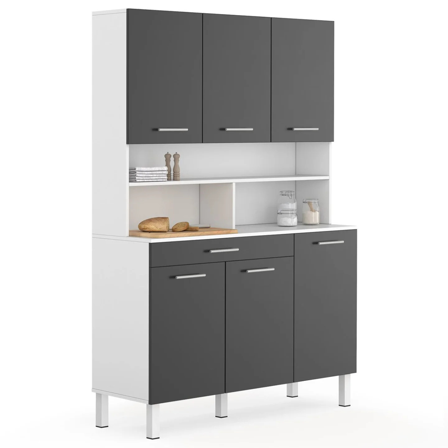 Buffet de cuisine CINA 120 cm blanc et gris brillant avec 6 portes et tiroir