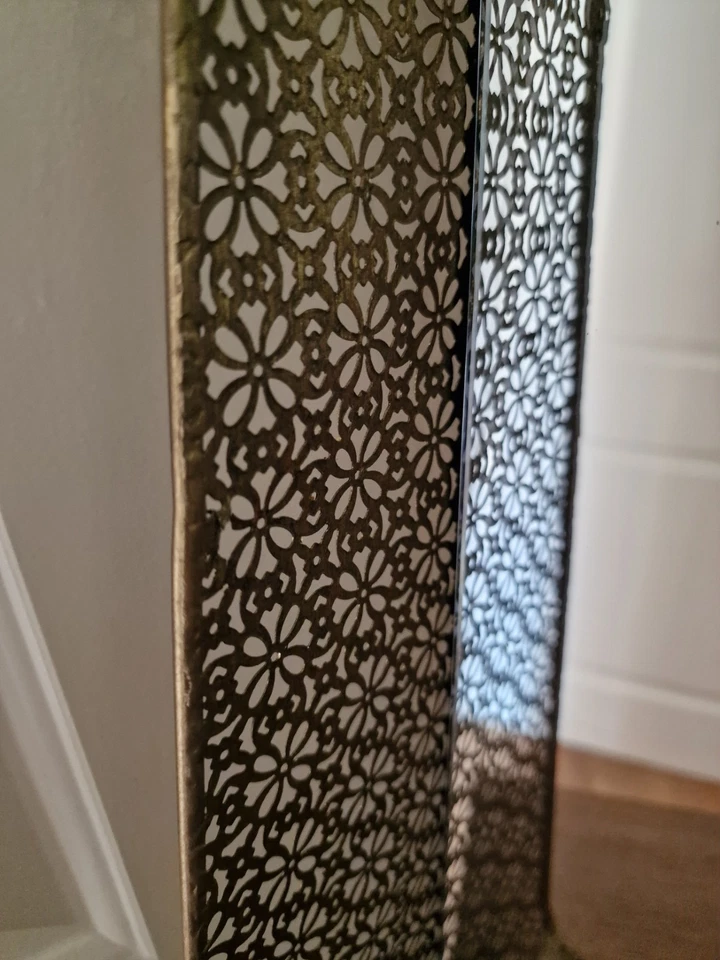 Gold Cut Out Patterned Metal Rectangular Vertical Mirror With Shelf Wall Mounted - Image 4 of 4