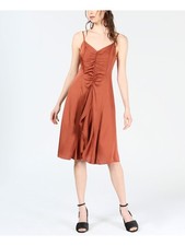 BAR III Womens Brown Ruffled Spaghetti Strap V Neck Party Fit + Flare Dress 2XS
