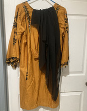 Handmade Women's Gold Black Embroidered Cotton Kurta/Kurti Tunic One Size