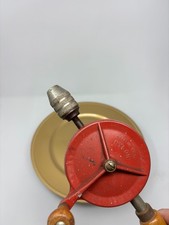 Vintage Hand Crank Eggbeater Drill Red Nylon Gear Wood Handle Made in USA