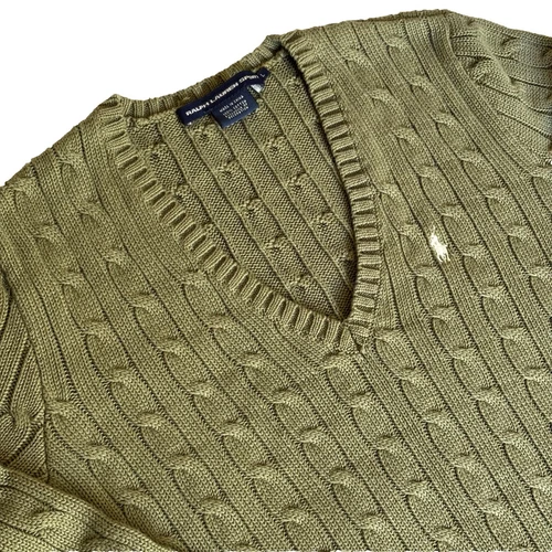 Ralph Lauren Cable Knit V Neck Sage Green Sweater Size Large (Runs Small)