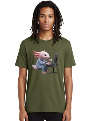 Axolotl-Working-On-Computer Mens Graphic Tee, 100% Cotton, Casual Summer Wear