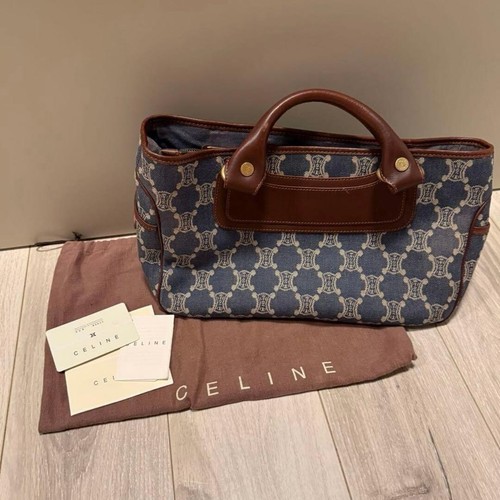 CELINE Boogie Bag Denim Blue Brown Monogram Leather Tote Vintage w Dust Bag Card