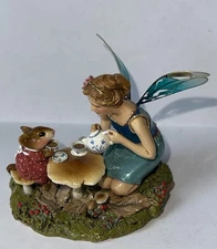 Signed WEE FOREST FOLK  Just A Wee Drop  Fairy Serving Tea to Mouse Rare DAMAGED