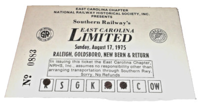 AUGUST 1975 SOUTHERN RAILWAY EAST CAROLINA LIMITIERTES TICKET RALEIGH NEU BERN NC