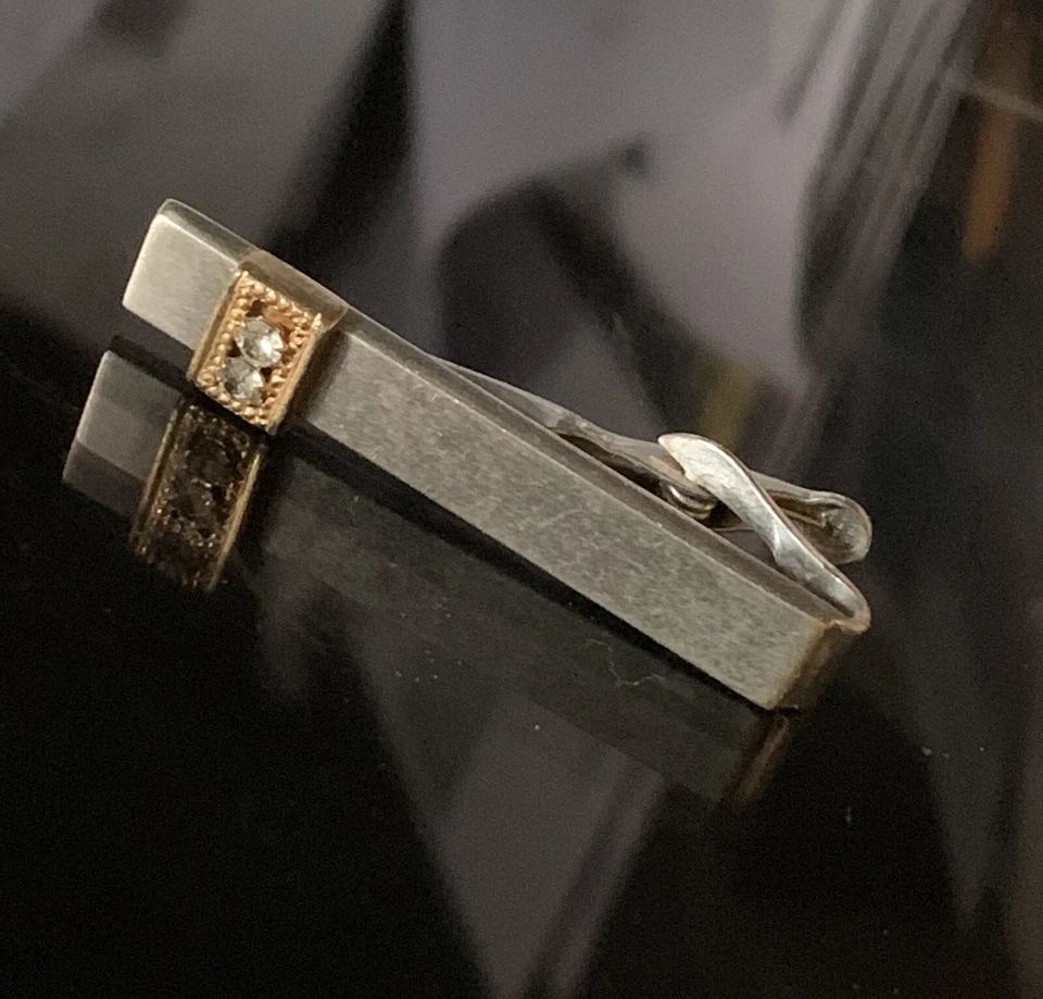 1-1/2" Rhinestone Gold Tone Vintage SWANK SMALL Tie Bar Clip Mens Quality - Image 2 of 3