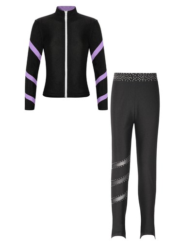 Kids Girls Outfit Rhinestones Set Long Sleeve Tops Trousers Vest Gymnastics Gym - Picture 26 of 46