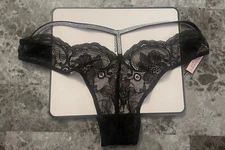 NWT VICTORIA'S SECRET BLACK LACE RHINESTONE SHINE STRAP T BACK BRAZILIAN PANTIES