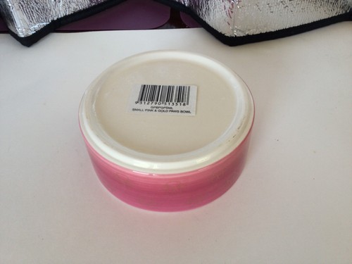 CERAMIC PAWS DOG WATER FOOD BOWL GOLD/PINK SMALL APPROX 12CM - Picture 3 of 4