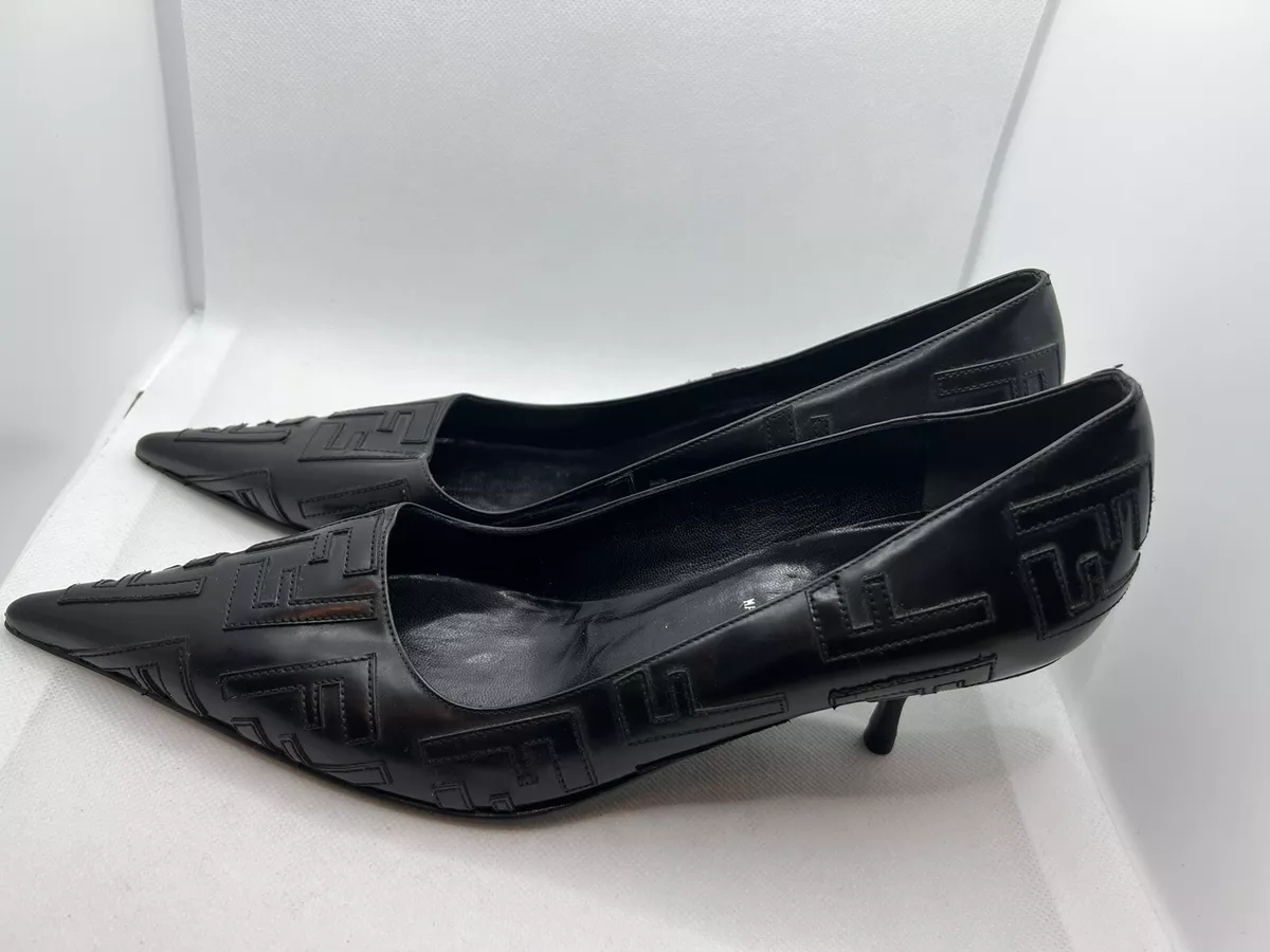 FENDI Monogram Women’s Black Leather Heels Shoes Size 37 Brand New Authentic