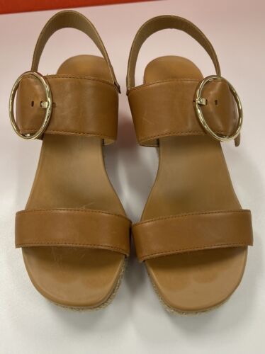 UGG Navee Tan Leather Wedge Sandals 7.5M - Picture 1 of 8
