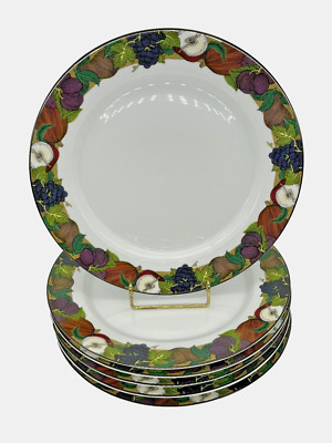 DANSK Cornucopia Dinner Plates White Center Fruit Vegetable Rim Portugal Set~2