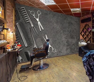 3D Black Comb G3558 Hair Cut Barber Shop Wallpaper Wall Murals Self-adhesive E