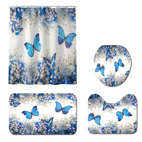4Pcs/Set Butterfly Rose Waterproof Shower Curtain Toilet Lid Cover Bathroom Mat - Bild 9 von 36