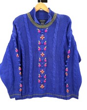 Vintage Counterparts Sweater Cable Knit Floral Pom Blue Women  s Size Medium 80  s