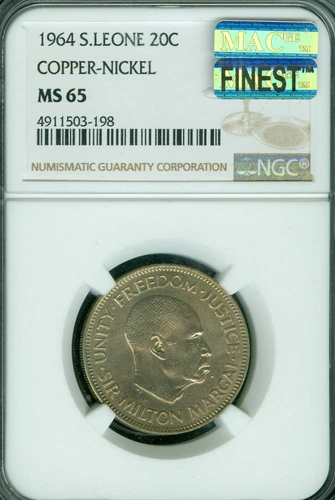 1964 SIERRA LEONE COPPER-NICKEL 20 CENTS NGC MS65 PQ MAC FINEST & SPOTLESS *