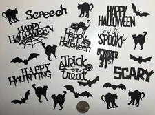 24 pc. Silhouette  Halloween Theme Die Cuts, Bats, Cats & Words-Any Color