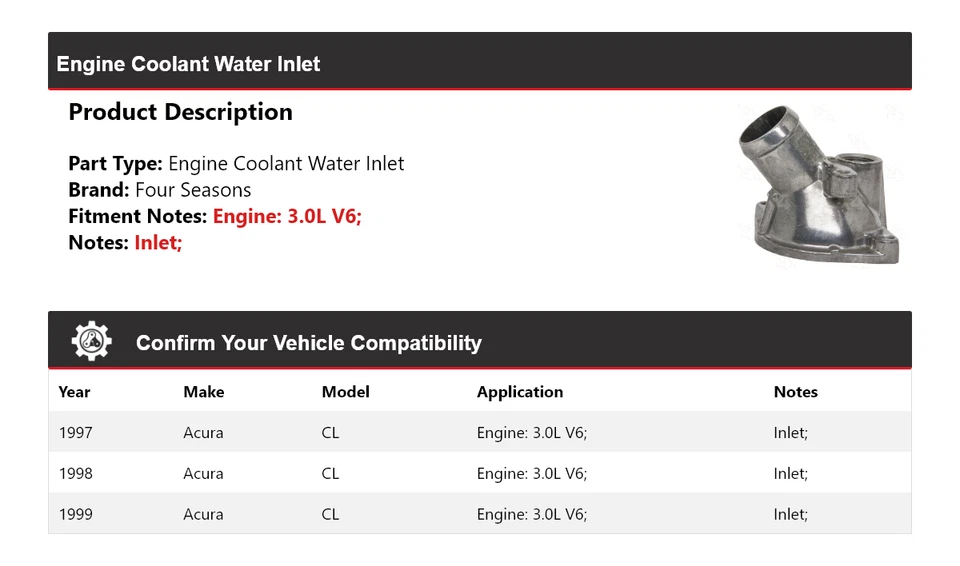 Entrada de agua refrigerante motor V6 3,0 L Acura CL 1997-1999 4 estaciones 1998 Foto 2 de 4
