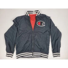Vintage 90s Champion Satin Varsity Bomber Navy Blue Jacket Spellout Mens Medium