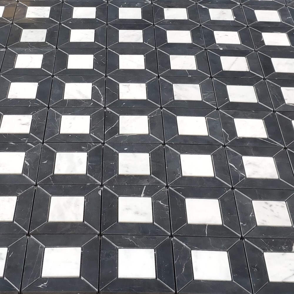 C25F1XH Carrara White Marble Square Doheny Mosaic Tile Marquina
