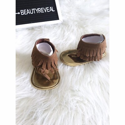 NEW Baby Girl Brown Faux Suede Fringe Sandals Crib Shoes 1 2 3