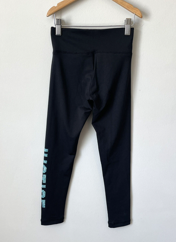 Justice Black Leggings L Teal Blue Sparkle Logo Girls Size 8 Full Length Pants - Picture 2 of 7