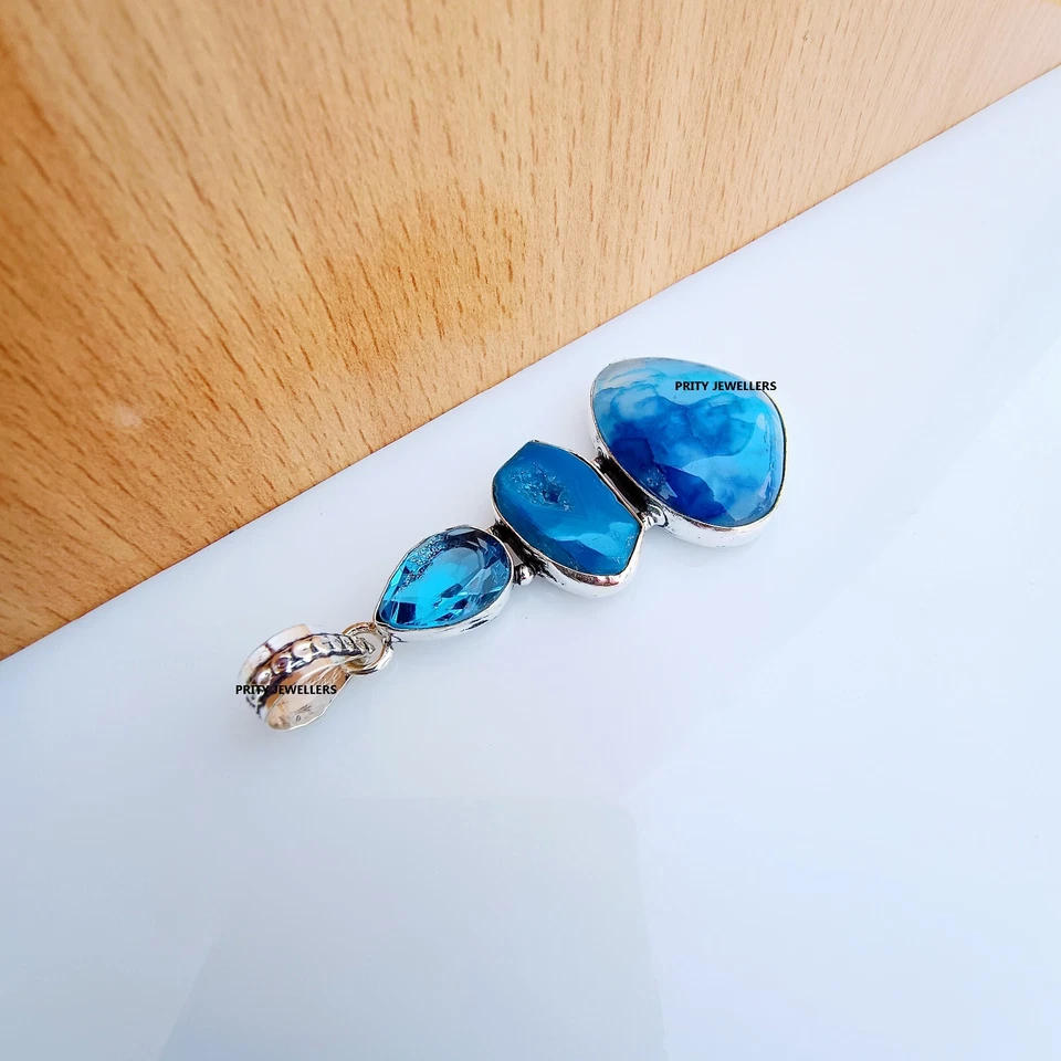 蓝色太阳能石英带蓝色黄玉镀银手工制作大号2.7英寸吊坠 — 第 4/4 张图片