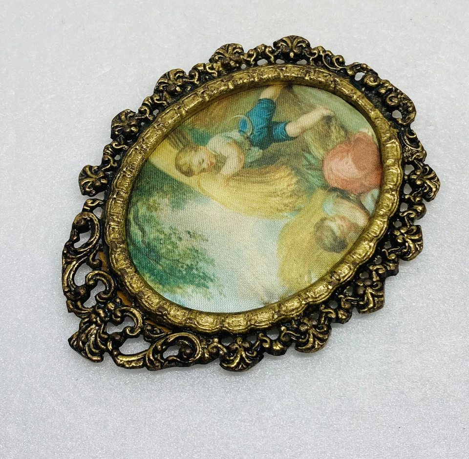 Arte de seda pintado con marco de metal de bronce ornamentado raro decoración “niños llevando heno” 23 Foto 3 de 4