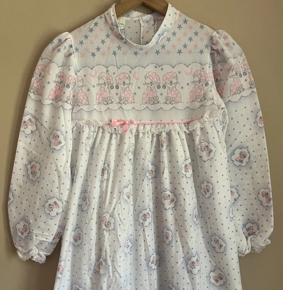 Vintage Tom Girl Nightgown Gown Flannel Cat Cloud White Girls Size 14 - Image 3 of 4